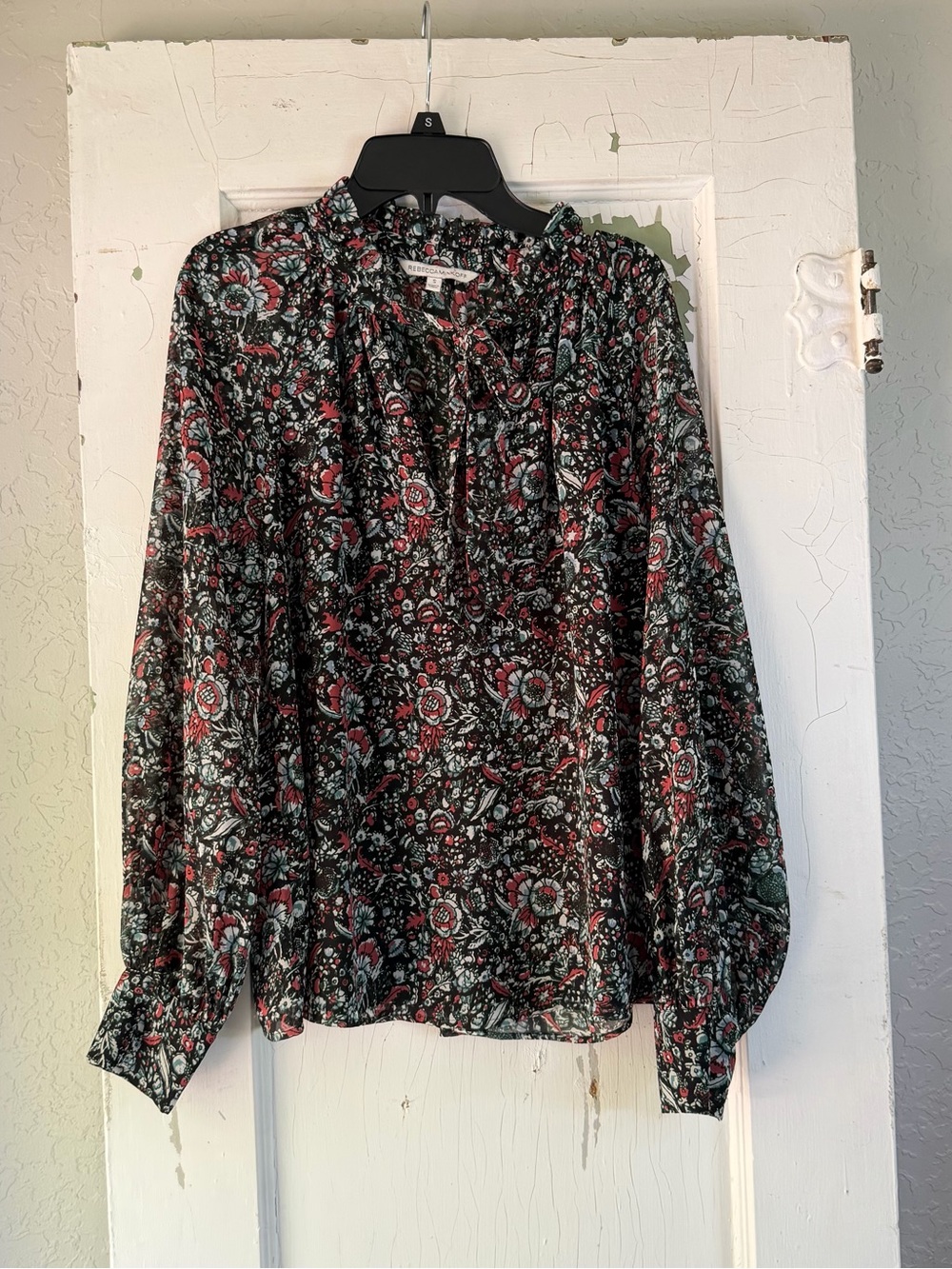 Rebecca Minkoff Floral Silk Chiffon Blouse Small Mock‎ Neck Tie Sleeve Black